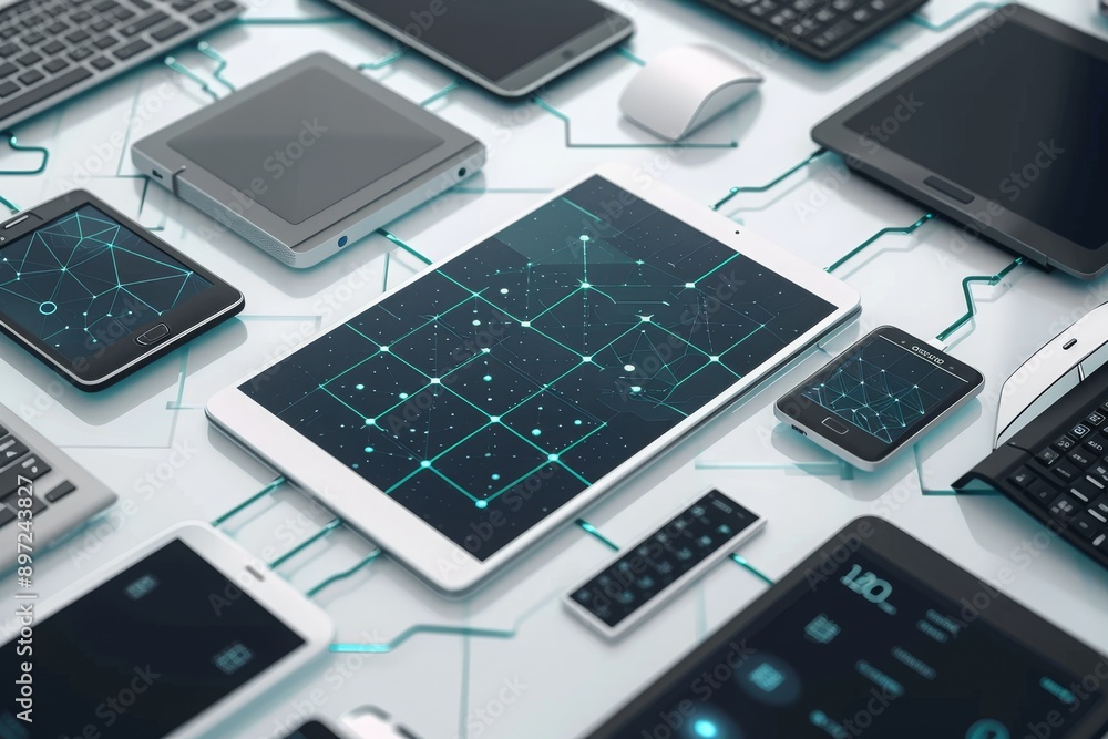 A collection of various electronic devices, including smartphones, tablets, and laptops, arranged neatly on top of a table, Interconnected digital devices depicted simplistically, AI Generated A collection of various electronic devices, including smartphones, tablets, and laptops, arranged neatly on top of a table, Interconnected digital devices depicted simplistically, AI Generated