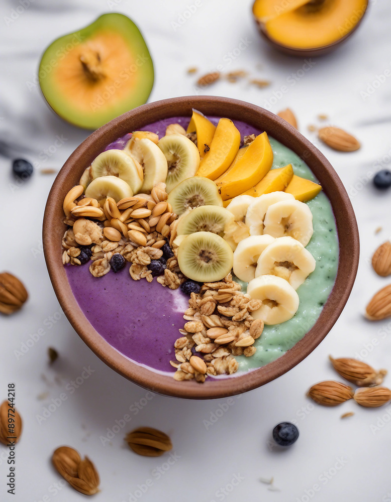 A colorful smoothie bowl made with acai, topped with sliced bananas, granola, and pumpkin seeds on
A colorful smoothie bowl made with acai, topped with sliced bananas, granola, and pumpkin seeds on