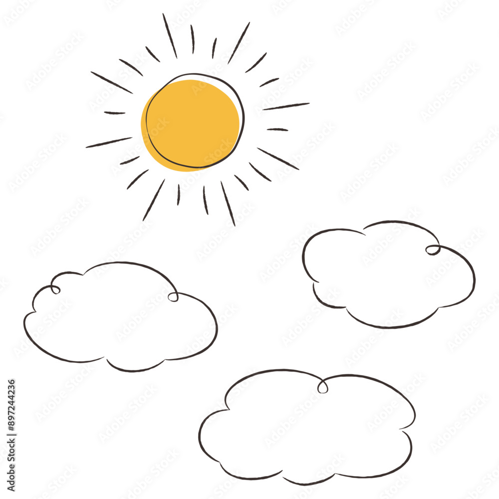 シンプルでおしゃれな太陽と雲のイラストセット シンプルでおしゃれな太陽と雲のイラストセット