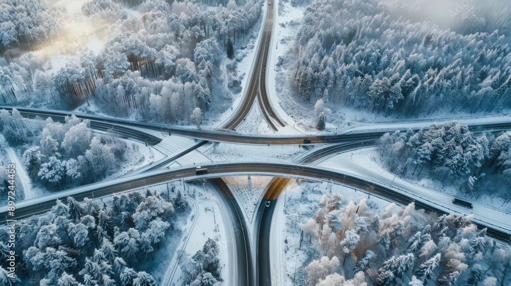 Showcase an aerial view of a highway intersection with a crisp winter landscape, with snow-covered roads and a tranquil atmosphere. Showcase an aerial view of a highway intersection with a crisp winter landscape, with snow-covered roads and a tranquil atmosphere.