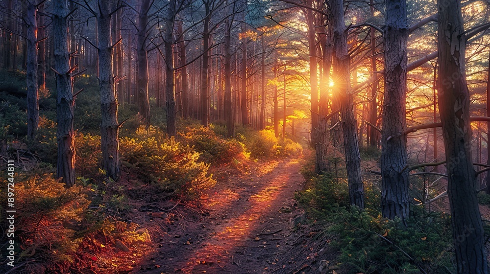 Obraz premium Forest path along ocean, serene journey,