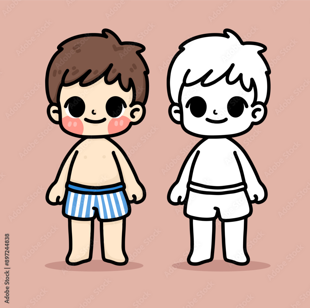 Cartoon boy wearing a swimsuit. coloring book. Cartoon boy wearing a swimsuit. coloring book.