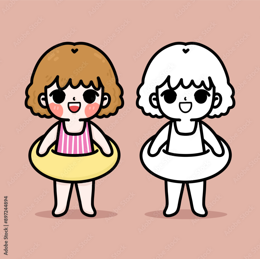 Cartoon girl wearing a swimsuit and swimming ring. coloring book. Cartoon girl wearing a swimsuit and swimming ring. coloring book.