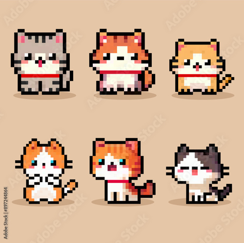 set of cute cat pixel art vector