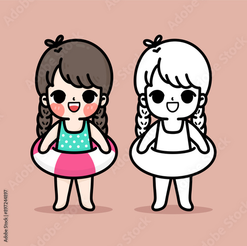Cartoon girl wearing a swimsuit and swimming ring. coloring book.