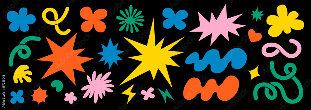 Abstract clouds and flowers shapes sticker set. Groovy funky flowers, bubbles, stars, loops and waves in trendy retro cartoon style. Vector illustration with wavy elements. Abstract clouds and flowers shapes sticker set. Groovy funky flowers, bubbles, stars, loops and waves in trendy retro cartoon style. Vector illustration with wavy elements.