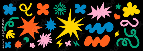 Abstract clouds and flowers shapes sticker set. Groovy funky flowers, bubbles, stars, loops and waves in trendy retro cartoon style. Vector illustration with wavy elements.
