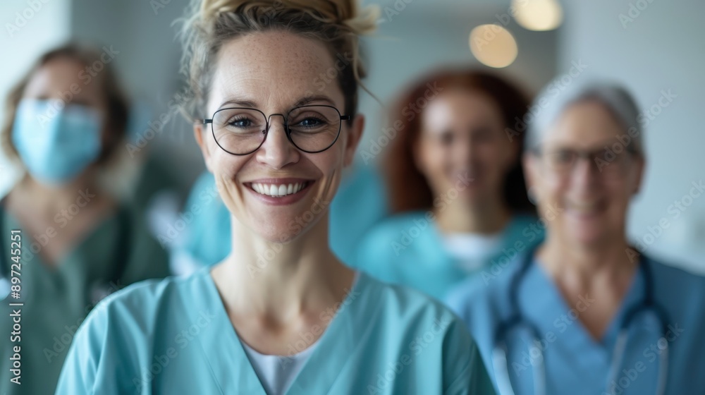 Image showing a diverse group of healthcare professionals smiling confidently, showcasing their dedication and teamwork in providing medical care in a hospital setting. Image showing a diverse group of healthcare professionals smiling confidently, showcasing their dedication and teamwork in providing medical care in a hospital setting.