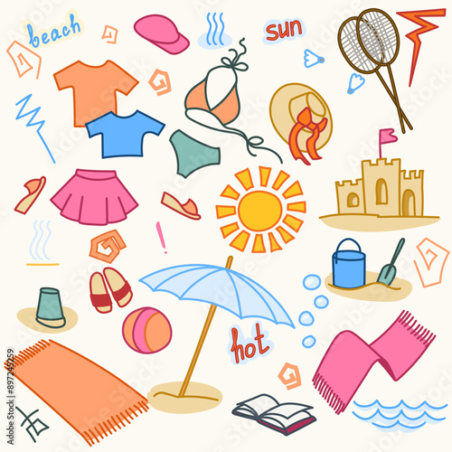 Beach set with umbrella and towels in bright summer colors. Vector illustration