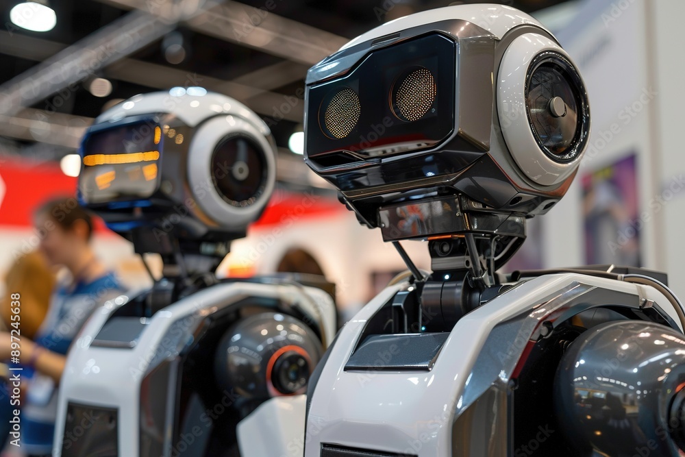 Close-up view of humanoid robots at tech expo Close-up view of humanoid robots at tech expo