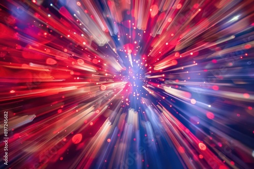 patriotic abstraction swirling red white and blue light beams converge in radiant starburst dynamic composition evokes spirit of american ideals and energy