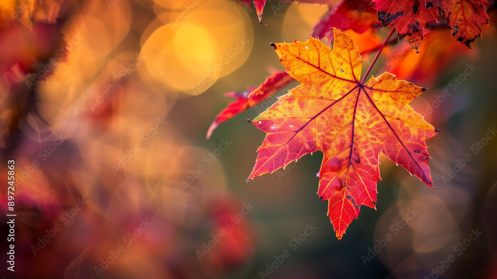 A close-up photo of maple leaves in autumn, with a sharp focus on the vibrant reds and oranges, set against a blurred forest background A close-up photo of maple leaves in autumn, with a sharp focus on the vibrant reds and oranges, set against a blurred forest background