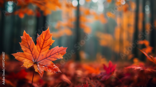 A close-up photo of maple leaves in autumn, with a sharp focus on the vibrant reds and oranges, set against a blurred forest background