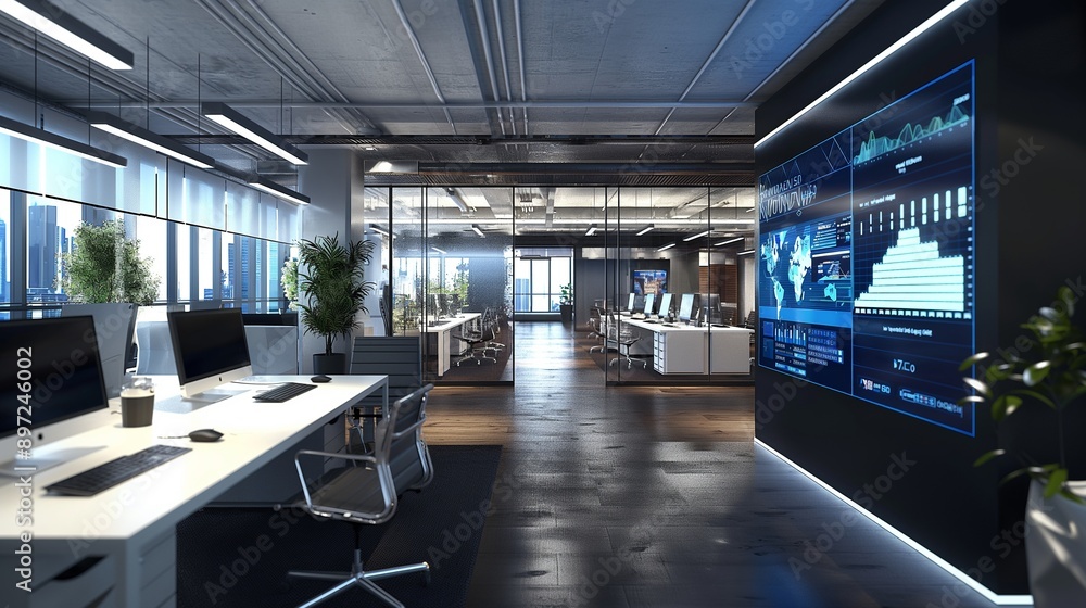 Naklejka premium A modern tech startup office featuring a spacious open floor plan, sleek desks with high-end computers, and a large digital screen displaying real-time analytics.