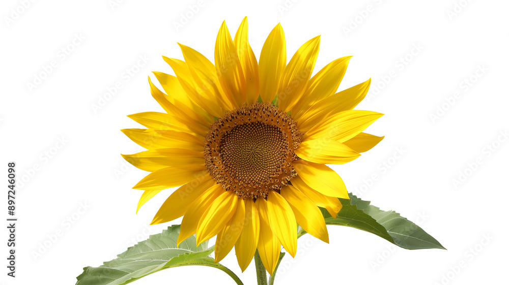 Fototapeta premium An ultra-high-resolution image of a single sunflower against a bright, clear sky, capturing the vibrant yellows and the intricate details of the petals.