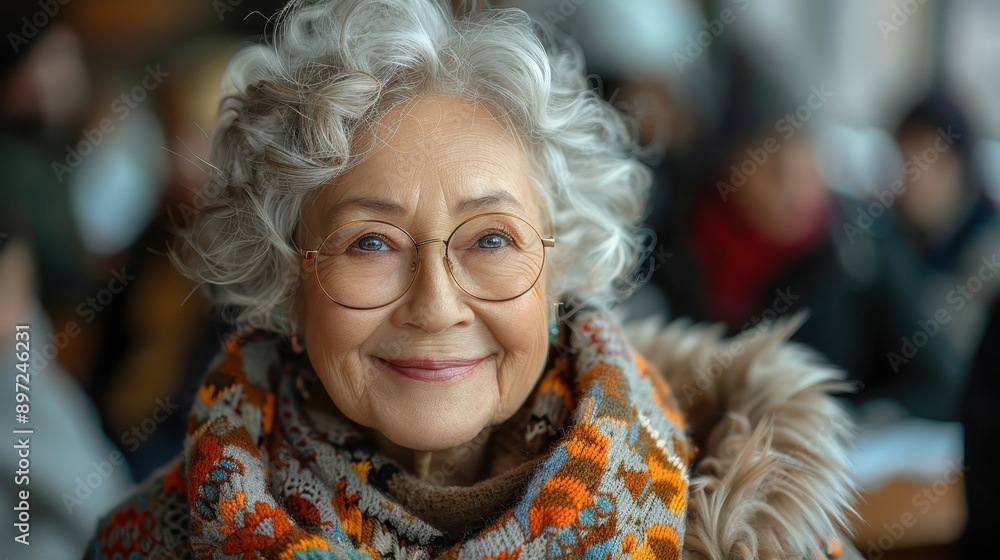 An elderly woman with curly hair and glasses is seen smiling in a close-up shot, wearing a thick scarf, setting a warm and tender tone in a cozy environment. An elderly woman with curly hair and glasses is seen smiling in a close-up shot, wearing a thick scarf, setting a warm and tender tone in a cozy environment.