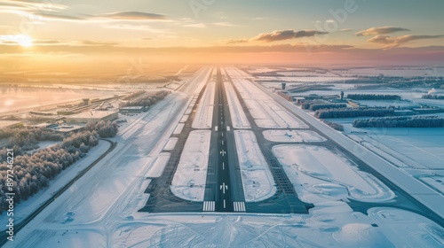 Showcase an aerial view of an airport with a crisp winter landscape, with snow-covered runways and a tranquil atmosphere photo