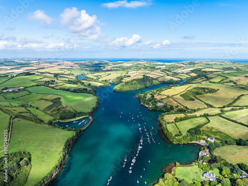 Salcombe and Mill Bay over Kingsbridge Estuary from a drone, Batson Creek, Southpool Creek, Devon, England, Europe photo