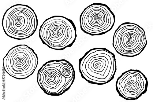 Circular wood rings collection. Saw cut timber. Line ripple circle wood texture. Vector illustration