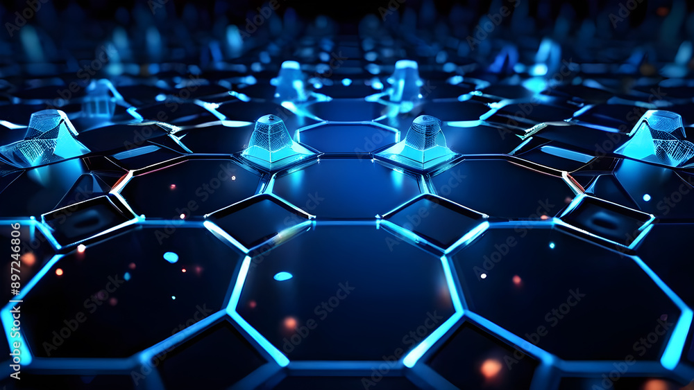 Obraz premium Geometric hi-tech patterns with interconnected hexagons and glowing elements, forming a sophisticated and intricate digital background design.Technology concept.Generative ai.