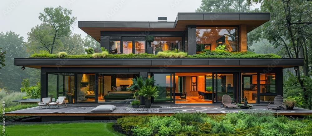 Modern Two-Story Home with Green Roof and Large Windows Modern Two-Story Home with Green Roof and Large Windows
