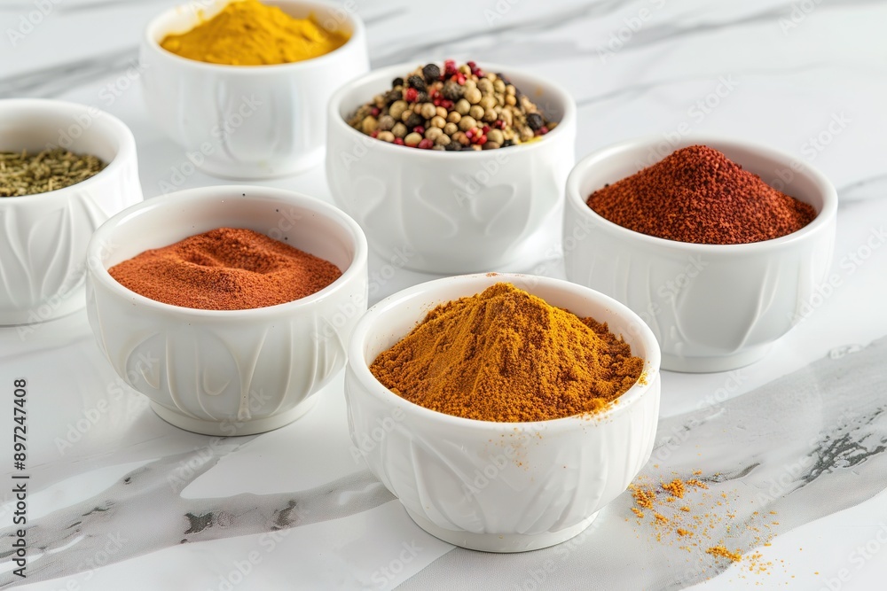 Colorful array of dried spices including turmeric, paprika, and cinnamon arranged in small ceramic bowls on a marble countertop. Colorful array of dried spices including turmeric, paprika, and cinnamon arranged in small ceramic bowls on a marble countertop.