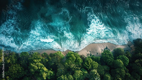 Forest meeting ocean waves, serene momen photo