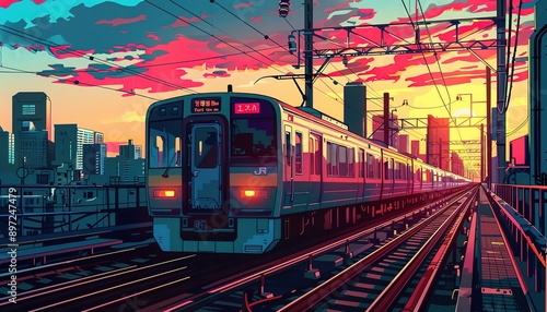 commuter train skyscrapper background, sunset, anime style
