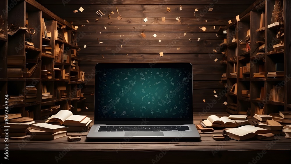 laptop that is open, surrounded by piles of bookshelves, with floating books and educational symbols that signify distant study or online learning. texture of the dark wood background laptop that is open, surrounded by piles of bookshelves, with floating books and educational symbols that signify distant study or online learning. texture of the dark wood background