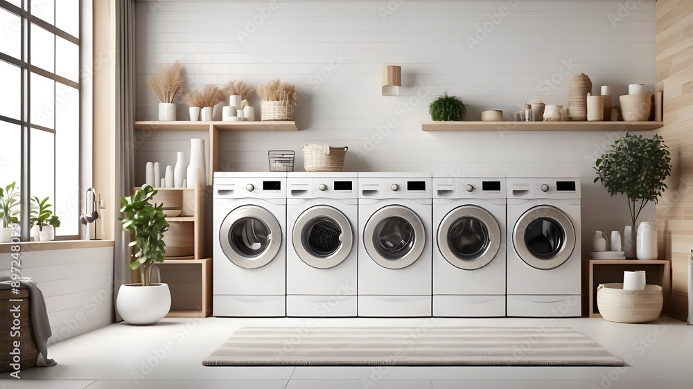 Interior front view mockup design of washing machines in a clean utility laundry room or washing serviceroom with copy space area Interior front view mockup design of washing machines in a clean utility laundry room or washing serviceroom with copy space area