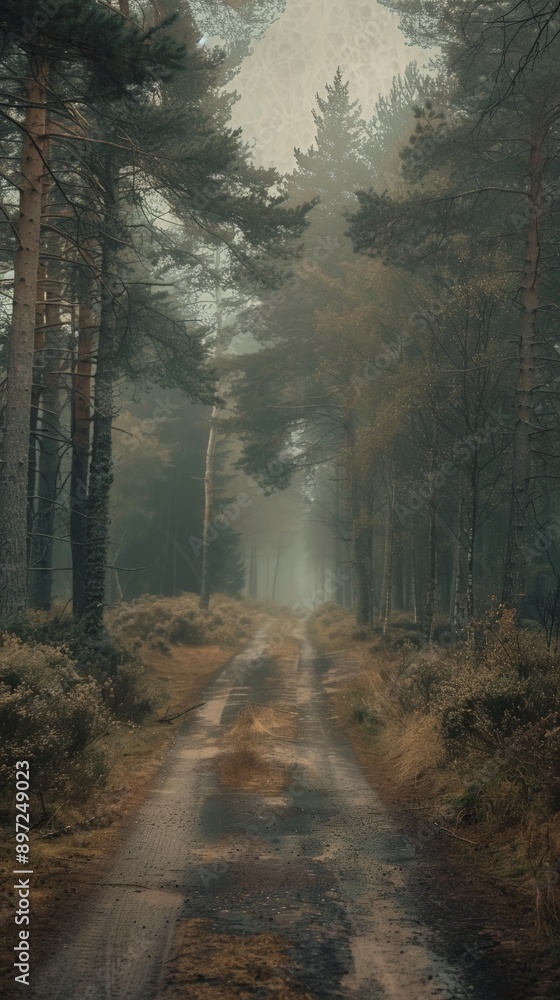 Obraz premium A misty path winds through a dense forest of tall pines