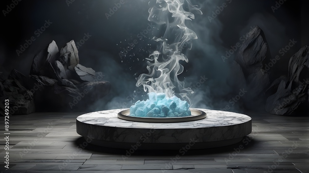 minimum abstract notion. Smoke and water surround a platform made of natural granite stones set against a dark background. Template mockup for presenting a product. rendering in three dimensions. dupl minimum abstract notion. Smoke and water surround a platform made of natural granite stones set against a dark background. Template mockup for presenting a product. rendering in three dimensions. dupl