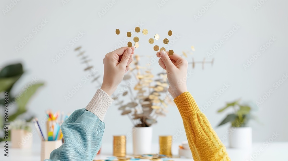 Obraz premium People celebrate around a table overflowing with gold coins.