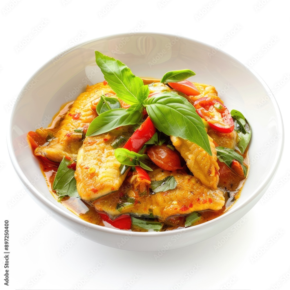 A bowl of fish curry with basil, tomatoes, and peppers. A bowl of fish curry with basil, tomatoes, and peppers.