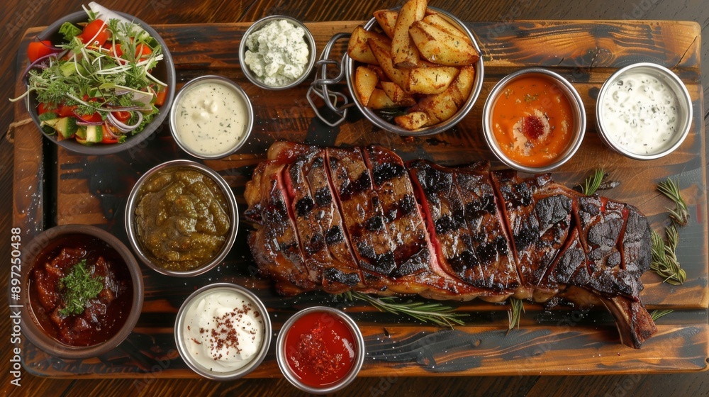 Fototapeta premium A juicy steak served on a wooden board, with a variety of dipping sauces and side dishes, ready for sharing.