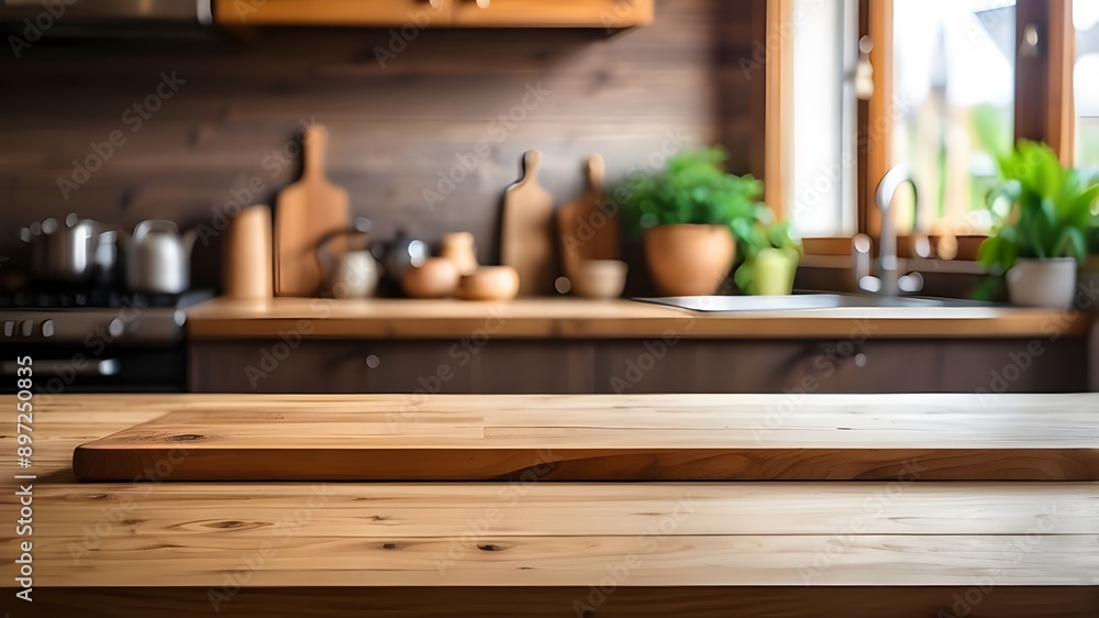 Wooden table with a background of a blurry kitchen bench. A wooden table that is empty and a fuzzy kitchen background Wooden table with a background of a blurry kitchen bench. A wooden table that is empty and a fuzzy kitchen background