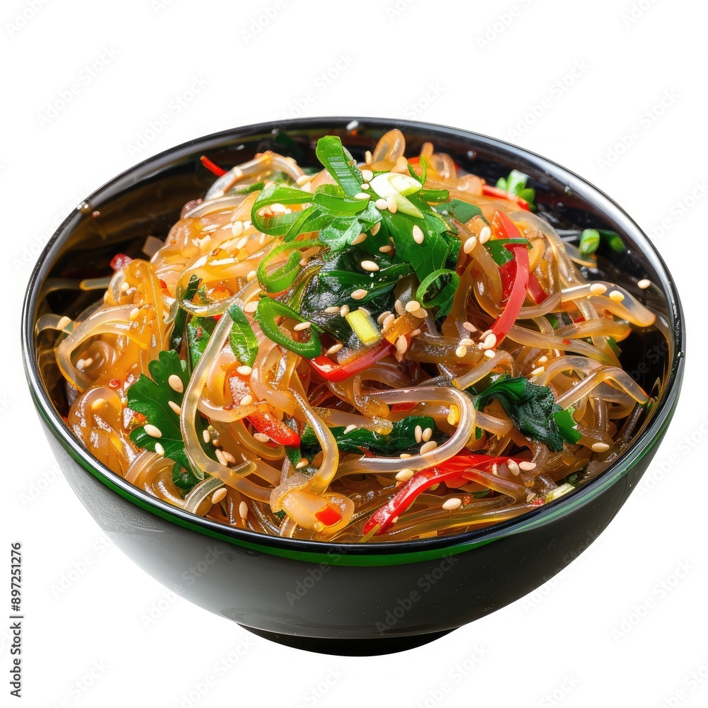 Glass Noodle Salad with Vegetables and Sesame Seeds in a Black Bowl Glass Noodle Salad with Vegetables and Sesame Seeds in a Black Bowl