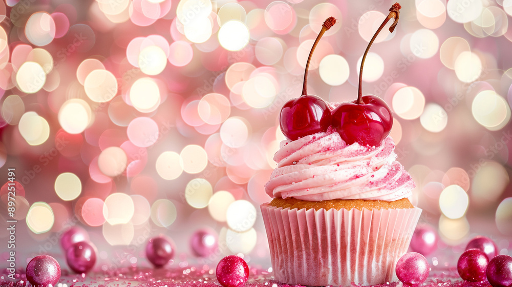cupcake on pink background, cherry cupcake cupcake on pink background, cherry cupcake