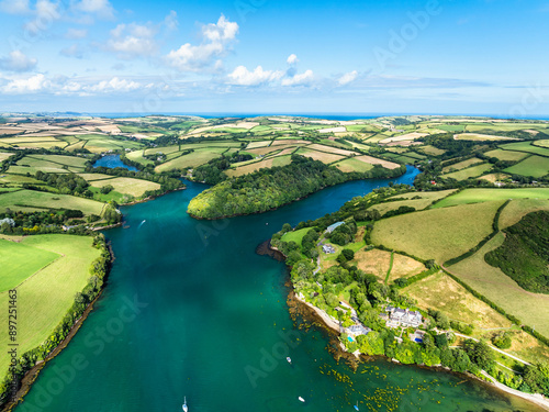 Salcombe and Mill Bay over Kingsbridge Estuary from a drone, Batson Creek, Southpool Creek, Devon, England, Europe photo