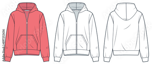 Zip Hoodie technical fashion illustration. Zipped Jacket fashion flat technical drawing template, pocket, relaxed fit, front back view, white, corall red, women, men, unisex Sportswear CAD mockup set.