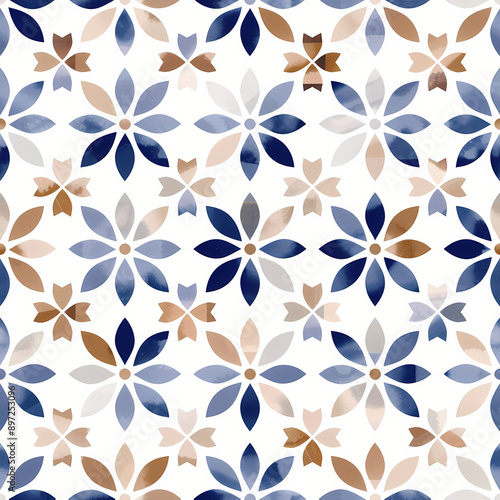 Geometric symmetrical floral watercolor seamless pattern in earth tones. For wallpaper, textile, ceramic, tile, branding, packaging, stationery. Moroccan tile