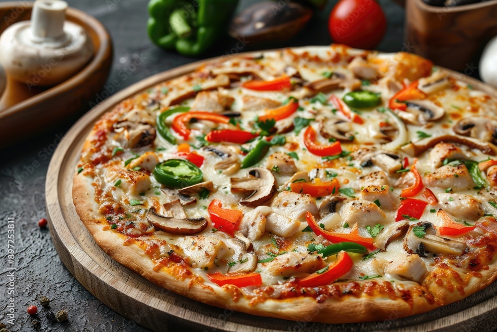 A delicious-looking pizza sitting on a wooden cutting board, perfect for food photography or culinary-themed designs A delicious-looking pizza sitting on a wooden cutting board, perfect for food photography or culinary-themed designs