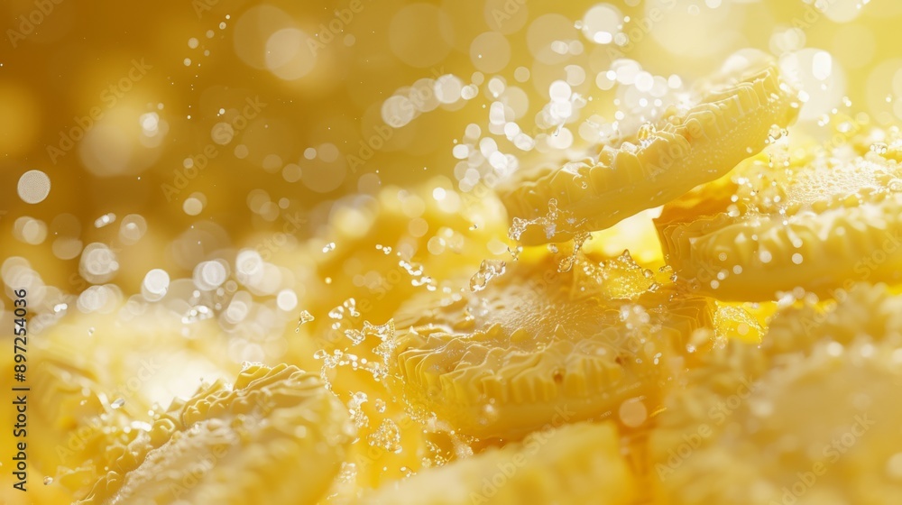 Close-up shot of golden coins splashing in liquid, reflecting light and creating a dynamic, sparkling effect. Close-up shot of golden coins splashing in liquid, reflecting light and creating a dynamic, sparkling effect.