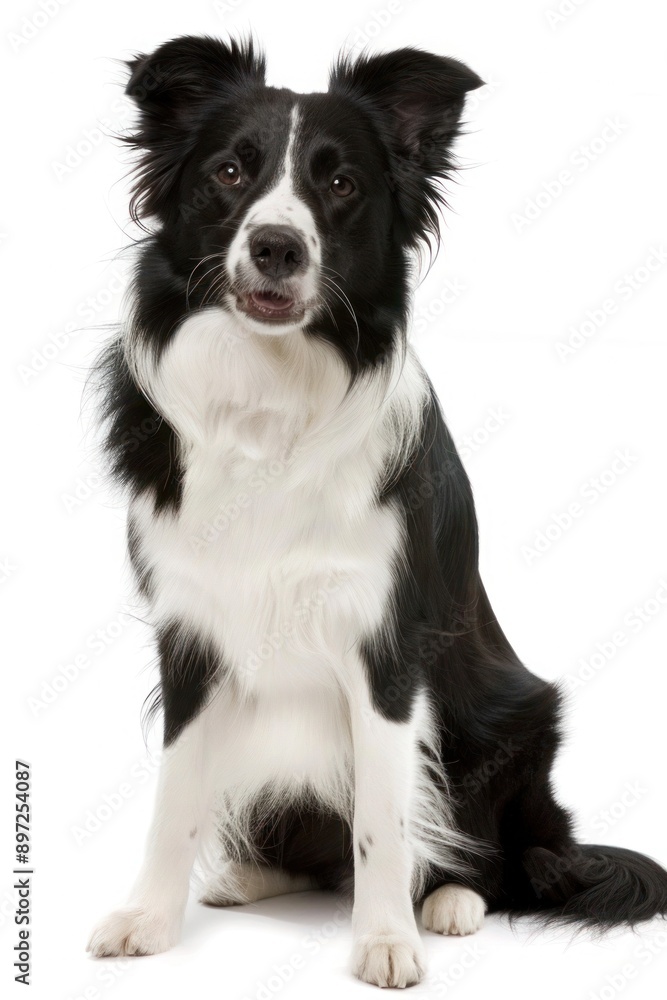 Close-up of a Border Collie dog with expressive eyes on beige background. Close-up of a Border Collie dog with expressive eyes on beige background.