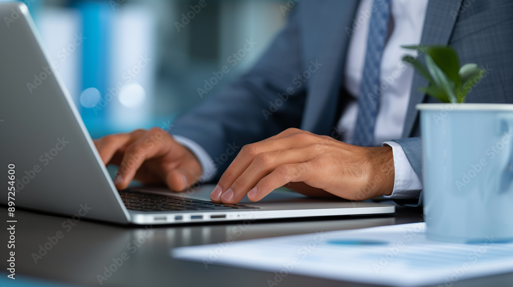 Close-up of businessman hands working on a laptop corporate office spreadsheets and financial documents on the desk Close-up of businessman hands working on a laptop corporate office spreadsheets and financial documents on the desk