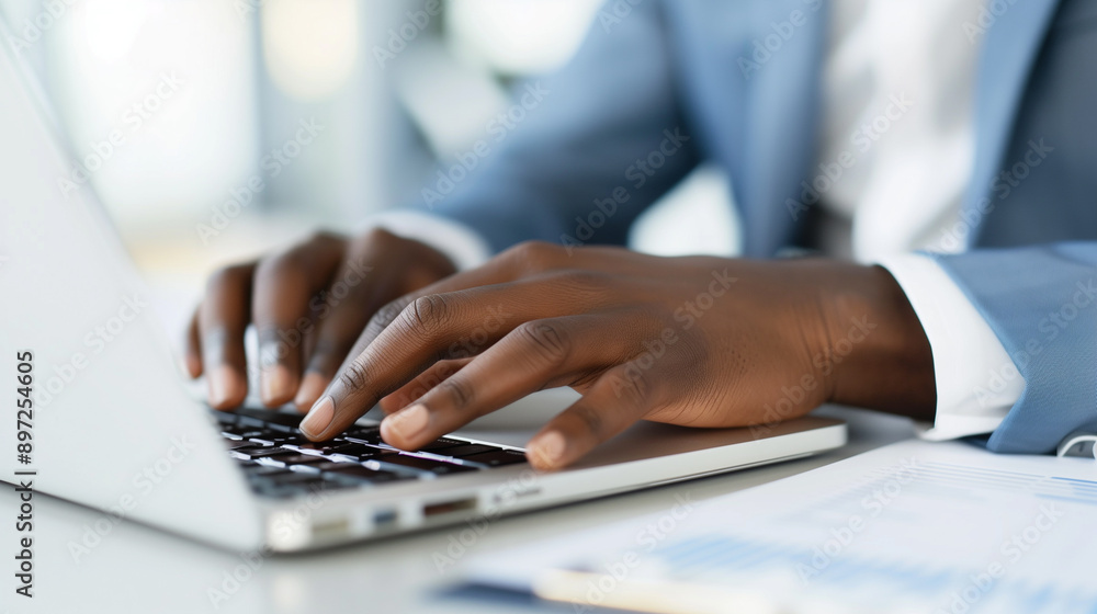 Close-up of businessman hands working on a laptop corporate office spreadsheets and financial documents on the desk Close-up of businessman hands working on a laptop corporate office spreadsheets and financial documents on the desk