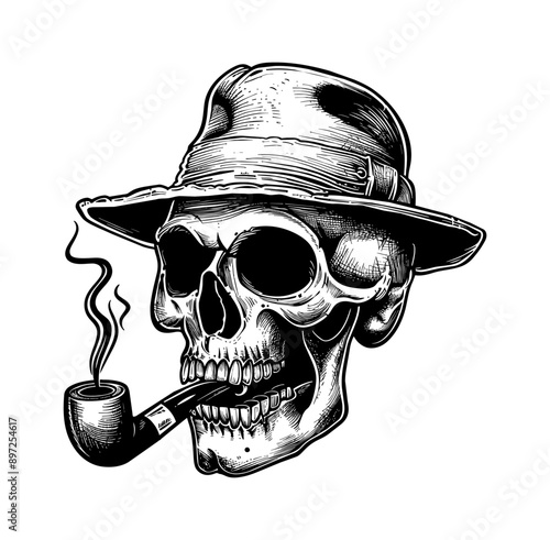 skull smoking pipe engraving black and white outline