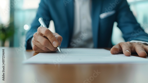 businessman in a suit reviewing documents and signing a contract at wooden table in an elegant office