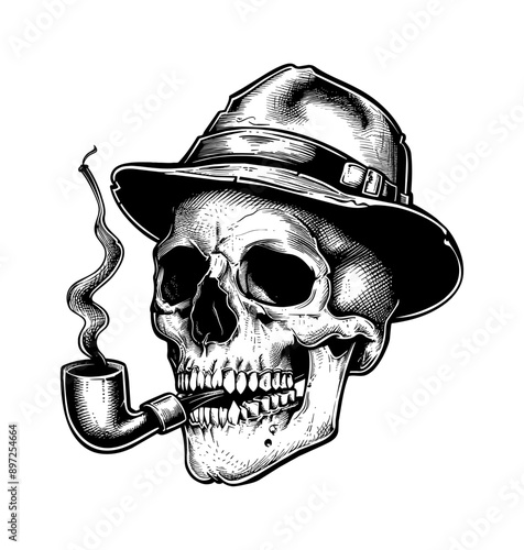 skull smoking pipe engraving black and white outline