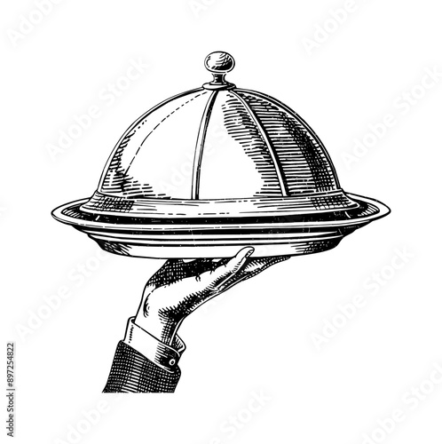 hand tray food engraving black and white outline